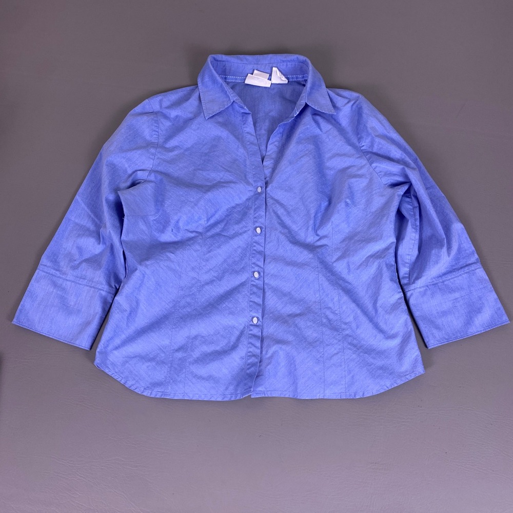 Worthington Stretch Button Down Shirt Women's Size 14 Blue‎ Easy Care 3/4 Sleeve